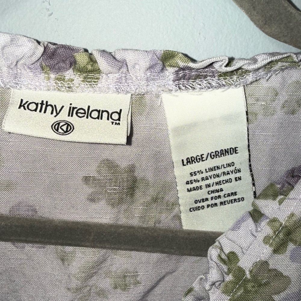 Kathy Ireland Floral Linen Vintage Shift Purple Midi V Neck Deadstock dress Larg - Picture 4 of 7